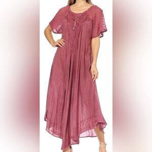 Sakkas Egan Magenta Long Embroidered Caftan Dress Embroidered Sleeves One Size